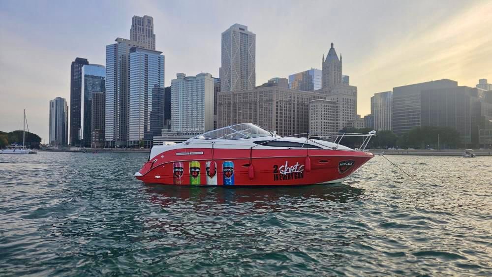 Monaco-branded boat on the Chicago lakefront